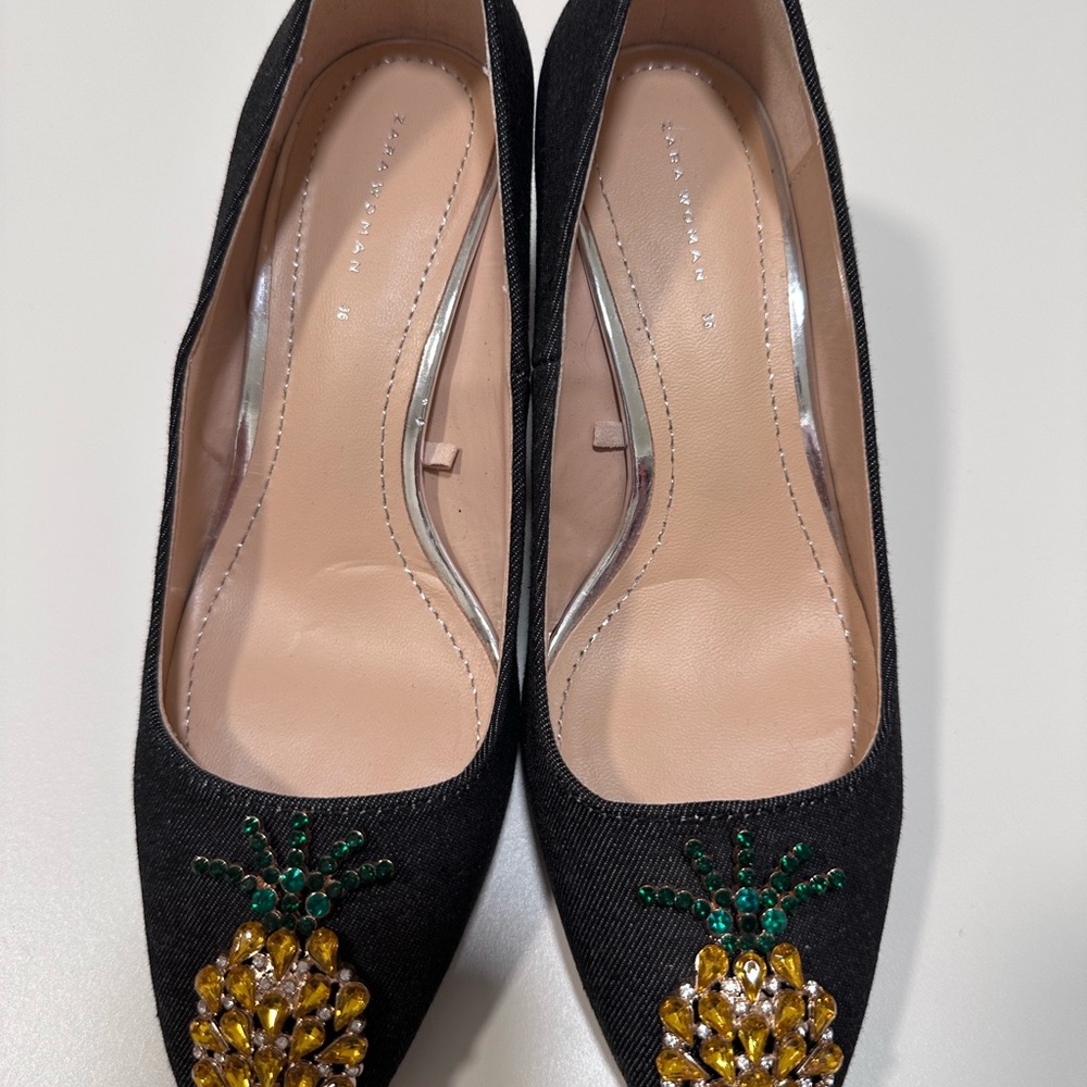 Zara denim Heels with Pineapple Embellishment
